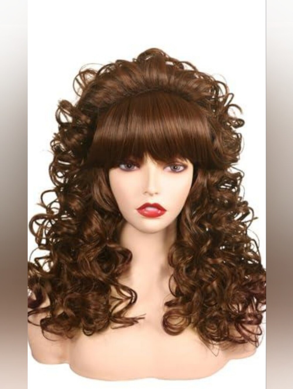 1980s Mall Hair Brown Curly Women's Wig with Full Bangs - Stylish Volume